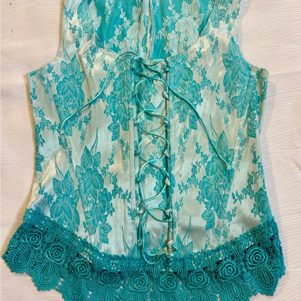 Handmade Aqua Floral Brocade Lace-Up Corset Top S/M